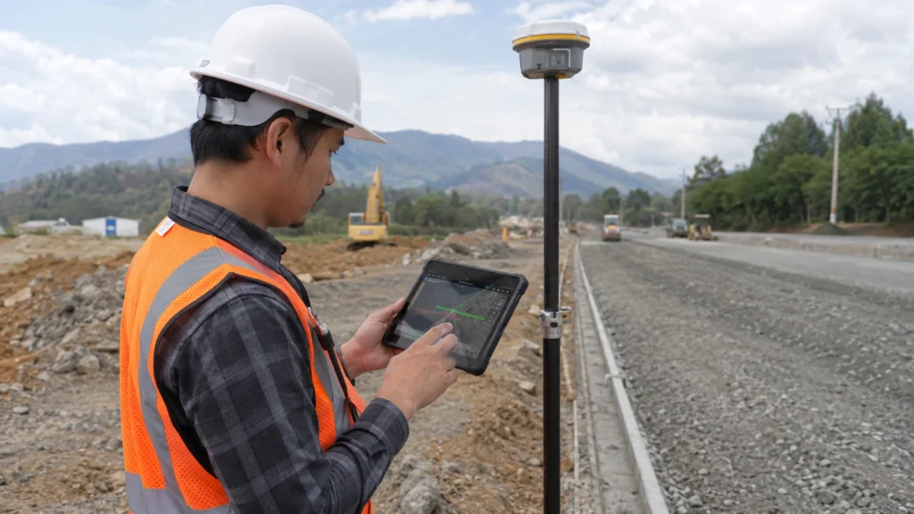 Surveyor menggunakan AR survey GNSS untuk proyek kontruksi