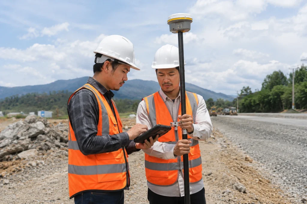 Tim survey menggunakan teknologi GNSS AR Stakeout