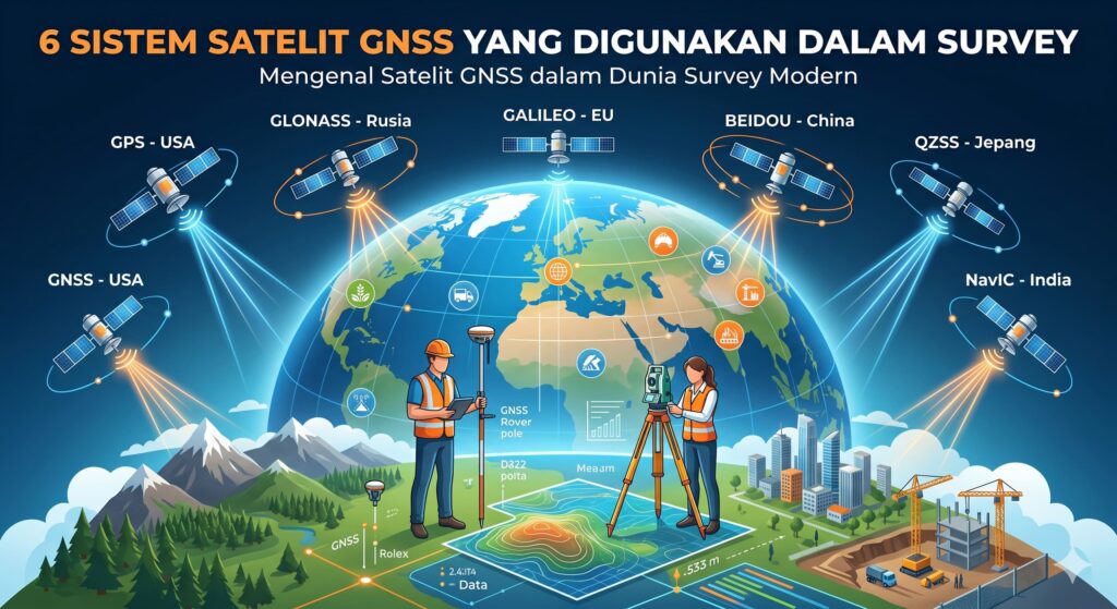 "6 sistem satelit GNSS yang digunakan dalam survey modern yaitu GPS, GLONASS, Galileo, BeiDou, QZSS, dan NavIC."